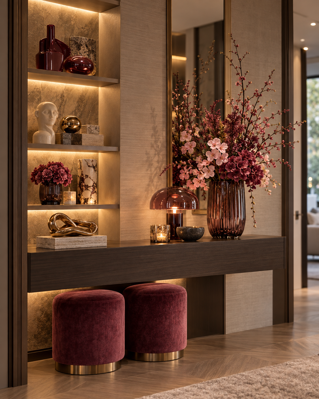 Warm interieur met bordeaux accenten en bloemen